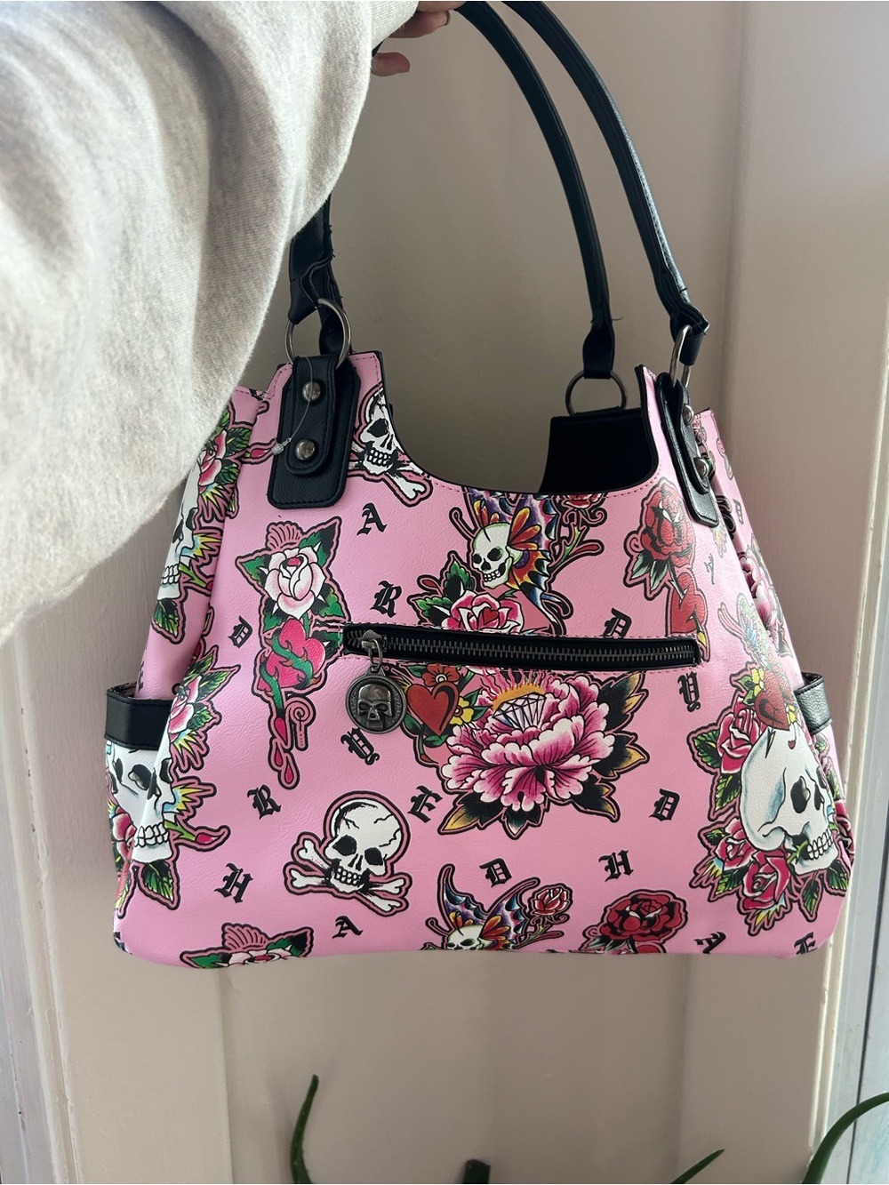 Ed Hardy Pink Floral Skull Print Shoulder Bag